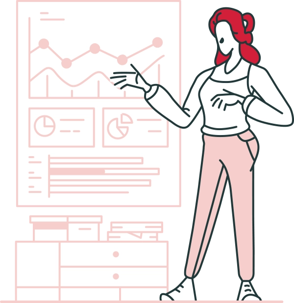 Illustration of a woman standing infront of metrics representing a framework to follow